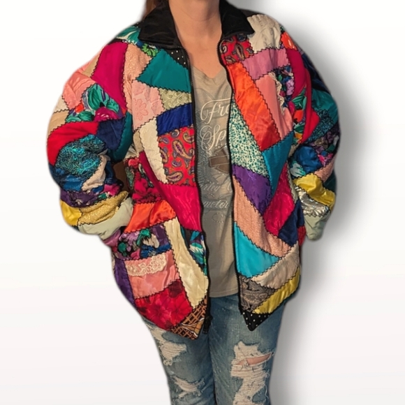Jackets & Blazers - Vintage 80s Retro Patchwork Embroidered  Crazy Quilt Print Coat Bomber Jacket